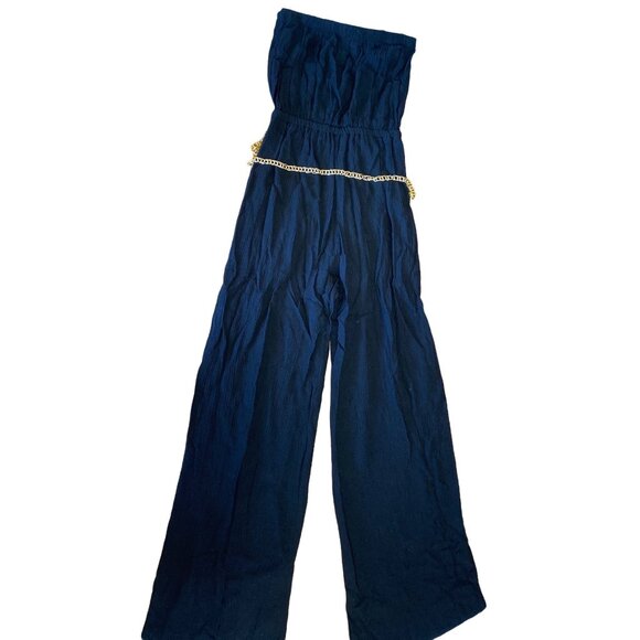 Whisper Womens Navy Blue Strapless Jumpsuit With Gold Chain Belt Small 100% Rayo - Picture 1 of 4